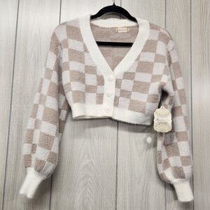 Altar'd State Checkered V-Neck Cropped Sweater Size Small